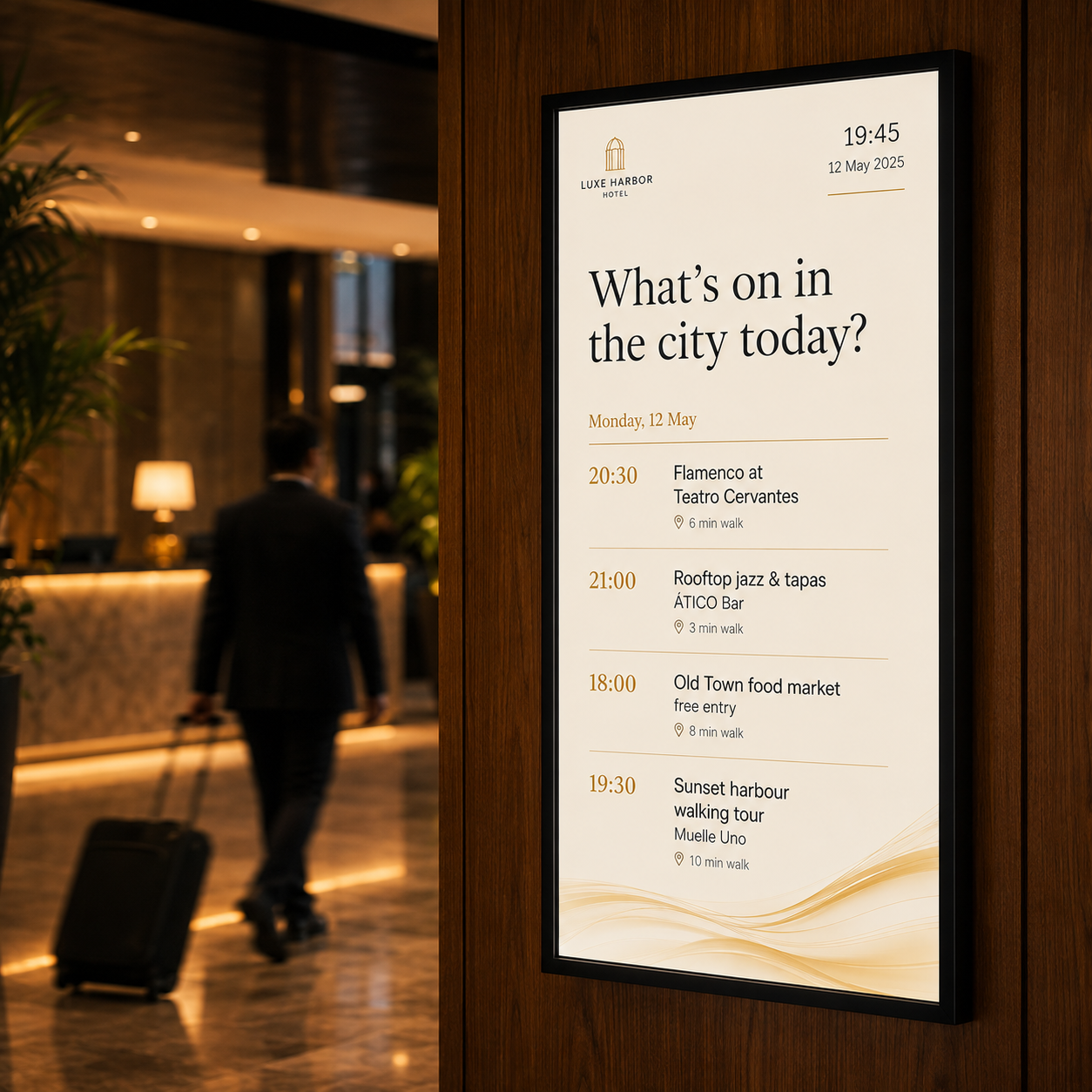 Lobby display showing tonight's local events