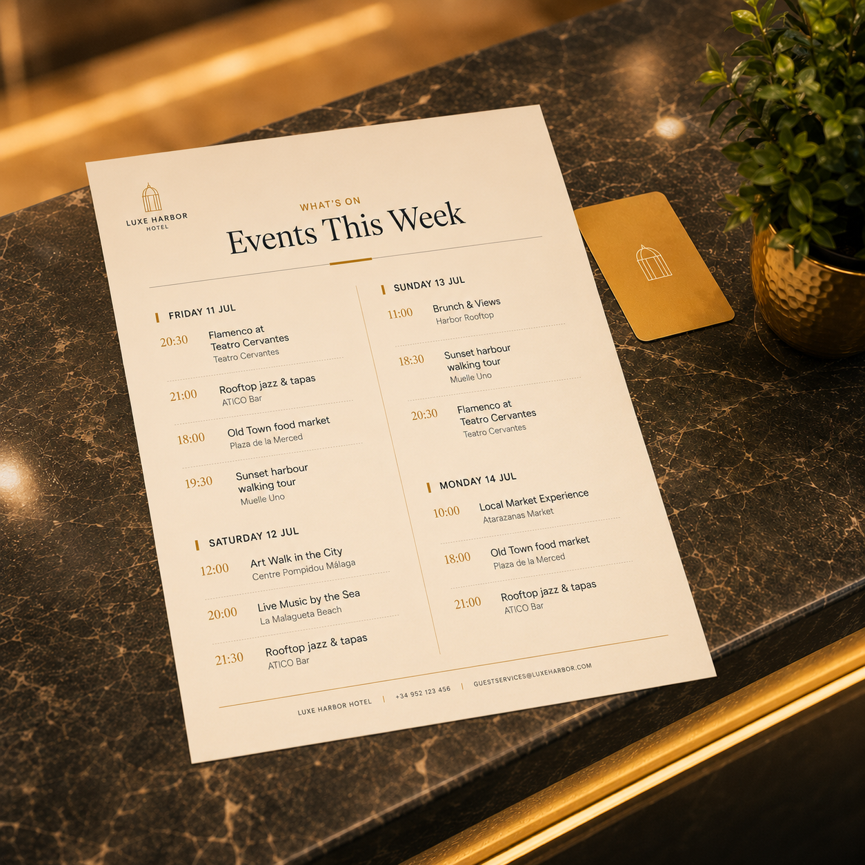 Printed weekly events agenda on a reception desk