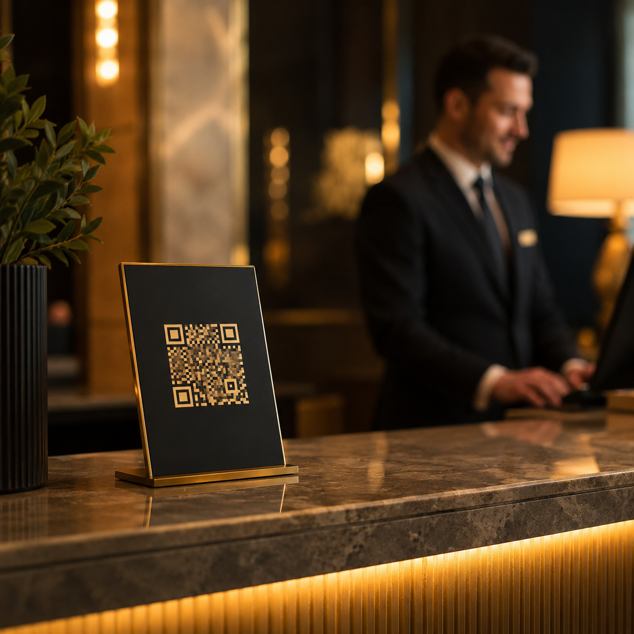 Branded QR code stand at hotel reception
